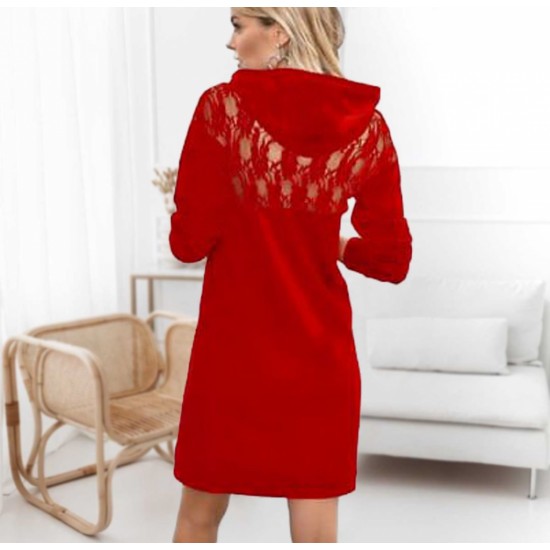Women's Red Long Sleeve Hooded Back Lace Detail Two Yarn Dress, 6127 Women's Red Long Sleeve Hooded Back Lace Detail Two Yarn Dress, 6127