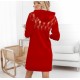 Women's Red Long Sleeve Hooded Back Lace Detail Two Yarn Dress, 6127