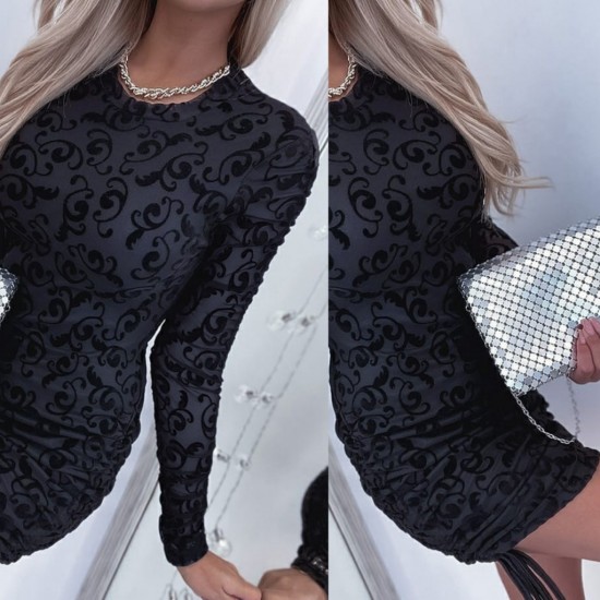 Women's Black Long Sleeve Crew Neck Side Flared Flock Printed Sandy Short Dress, 6001 Women's Black Long Sleeve Crew Neck Side Flared Flock Printed Sandy Short Dress, 6001