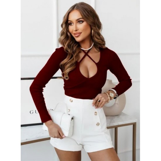 Women's Burgundy Long Sleeve Low-cut Halterneck Camisole Blouse, 5945 Women's Burgundy Long Sleeve Low-cut Halterneck Camisole Blouse, 5945