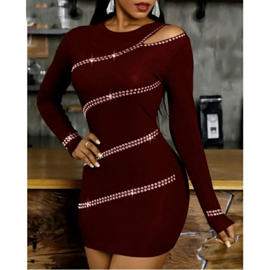 Women's Burgundy Shoulder Window Detail Rhinestone Embroidered Long Sleeve Diving Fabric Mini Dress, 5653 Women's Burgundy Shoulder Window Detail Rhinestone Embroidered Long Sleeve Diving Fabric Mini Dress, 5653