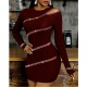 Women's Burgundy Shoulder Window Detail Rhinestone Embroidered Long Sleeve Diving Fabric Mini Dress, 5653 Women's Burgundy Shoulder Window Detail Rhinestone Embroidered Long Sleeve Diving Fabric Mini Dress, 5653