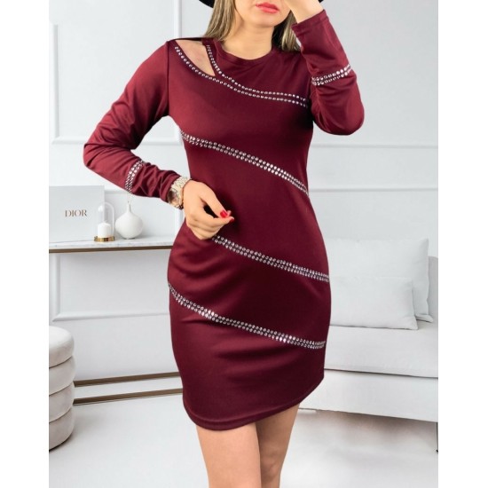 Women's Burgundy Shoulder Window Detail Rhinestone Embroidered Long Sleeve Diving Fabric Mini Dress, 5653 Women's Burgundy Shoulder Window Detail Rhinestone Embroidered Long Sleeve Diving Fabric Mini Dress, 5653