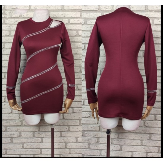Women's Burgundy Shoulder Window Detail Rhinestone Embroidered Long Sleeve Diving Fabric Mini Dress, 5653