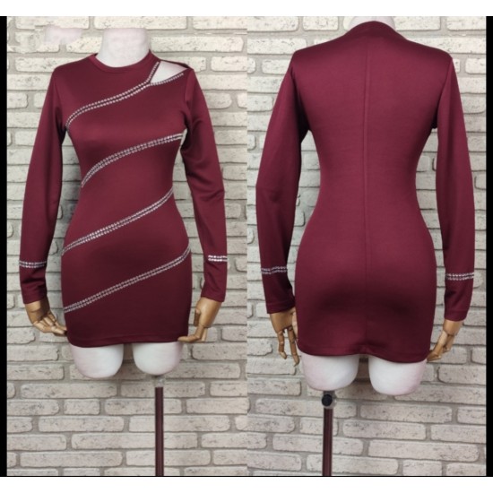 Women's Burgundy Shoulder Window Detail Rhinestone Embroidered Long Sleeve Diving Fabric Mini Dress, 5653 Women's Burgundy Shoulder Window Detail Rhinestone Embroidered Long Sleeve Diving Fabric Mini Dress, 5653