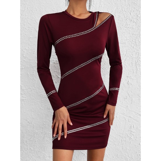 Women's Burgundy Shoulder Window Detail Rhinestone Embroidered Long Sleeve Diving Fabric Mini Dress, 5653 Women's Burgundy Shoulder Window Detail Rhinestone Embroidered Long Sleeve Diving Fabric Mini Dress, 5653