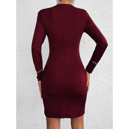 Women's Burgundy Shoulder Window Detail Rhinestone Embroidered Long Sleeve Diving Fabric Mini Dress, 5653 Women's Burgundy Shoulder Window Detail Rhinestone Embroidered Long Sleeve Diving Fabric Mini Dress, 5653