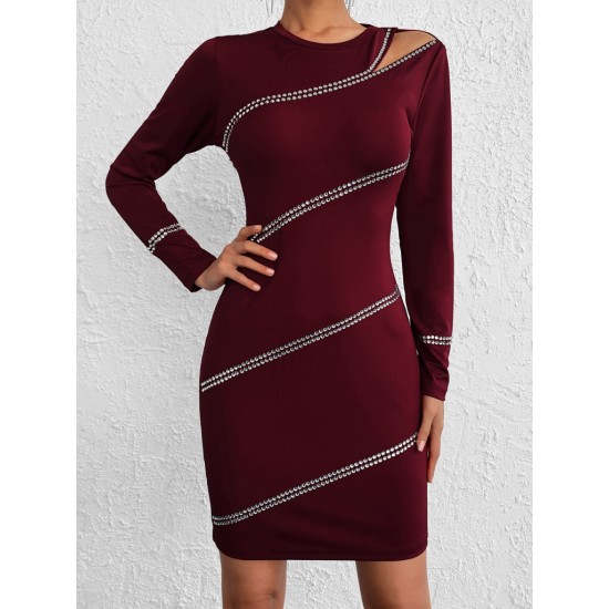 Women's Burgundy Shoulder Window Detail Rhinestone Embroidered Long Sleeve Diving Fabric Mini Dress, 5653 Women's Burgundy Shoulder Window Detail Rhinestone Embroidered Long Sleeve Diving Fabric Mini Dress, 5653