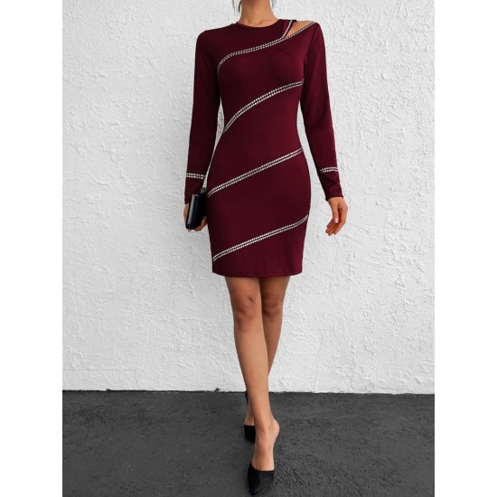 Women's Burgundy Shoulder Window Detail Rhinestone Embroidered Long Sleeve Diving Fabric Mini Dress, 5653 Women's Burgundy Shoulder Window Detail Rhinestone Embroidered Long Sleeve Diving Fabric Mini Dress, 5653