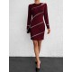 Women's Burgundy Shoulder Window Detail Rhinestone Embroidered Long Sleeve Diving Fabric Mini Dress, 5653 Women's Burgundy Shoulder Window Detail Rhinestone Embroidered Long Sleeve Diving Fabric Mini Dress, 5653