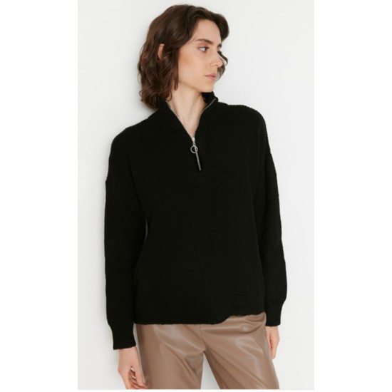 Women's Black Zipper Turtleneck Knitwear Blouse, 5540
