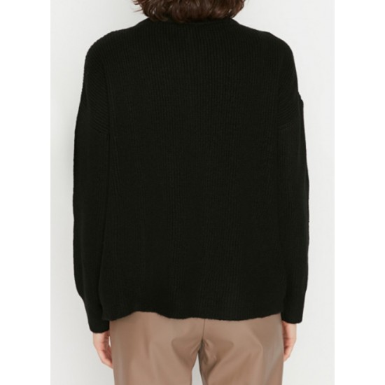 Women's Black Zipper Turtleneck Knitwear Blouse, 5540