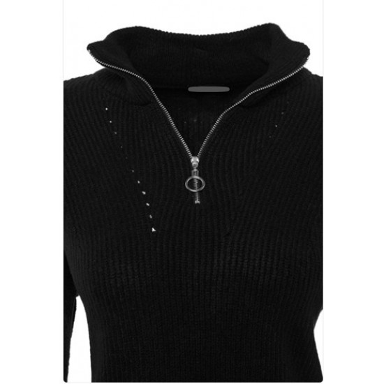 Women's Black Zipper Turtleneck Knitwear Blouse, 5540