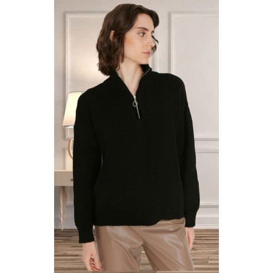 Women's Black Zipper Turtleneck Knitwear Blouse, 5540
