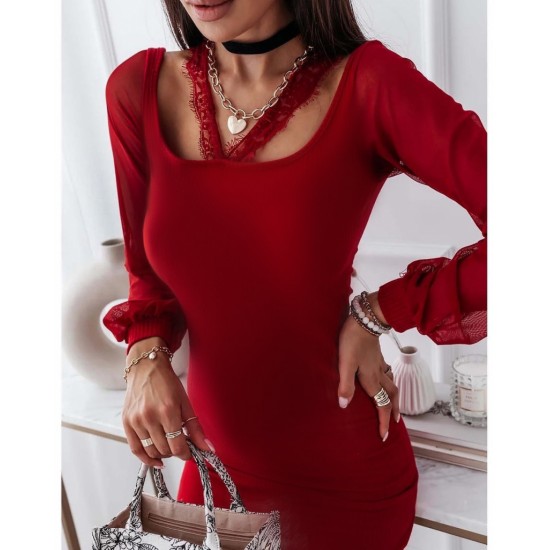 Women's Black Long Sleeve Low-cut Lace Detail Camisole Dress, 5523 Women's Black Long Sleeve Low-cut Lace Detail Camisole Dress, 5523