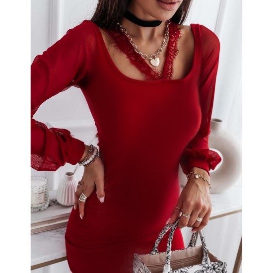 Women's Black Long Sleeve Low-cut Lace Detail Camisole Dress, 5523 Women's Black Long Sleeve Low-cut Lace Detail Camisole Dress, 5523
