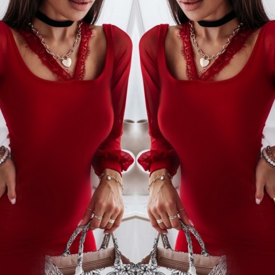 Women's Black Long Sleeve Low-cut Lace Detail Camisole Dress, 5523 Women's Black Long Sleeve Low-cut Lace Detail Camisole Dress, 5523