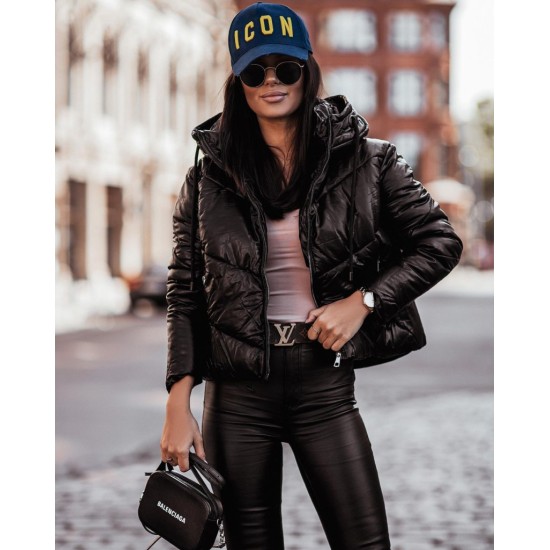 Women's Black 1st Quality Hooded Side Zipper Pocket Imported Jessica Kunaş Coat 9115, 4894