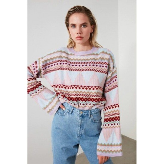 Women's Blue Round Neck Knit Sweater 2054, 4727