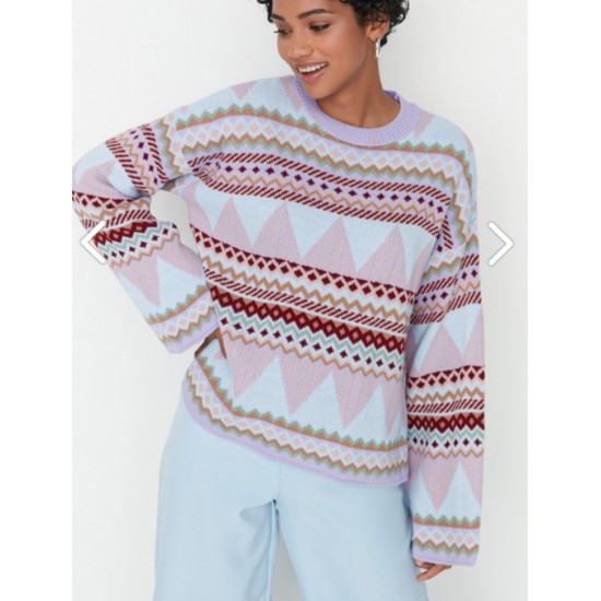 Women's Blue Round Neck Knit Sweater 2054, 4727