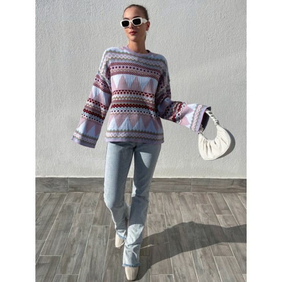 Women's Blue Round Neck Knit Sweater 2054, 4727