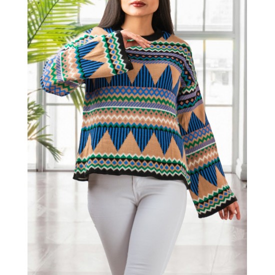 Women's Brown Round Neck Knit Sweater 2054, 4726