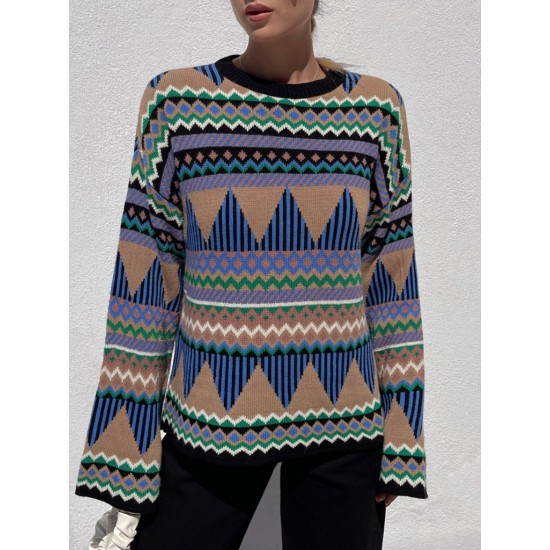 Women's Brown Round Neck Knit Sweater 2054, 4726