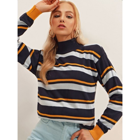 Women's Blue Half Turtleneck Line Detail Knit Blouse 2052, 4623 Women's Blue Half Turtleneck Line Detail Knit Blouse 2052, 4623