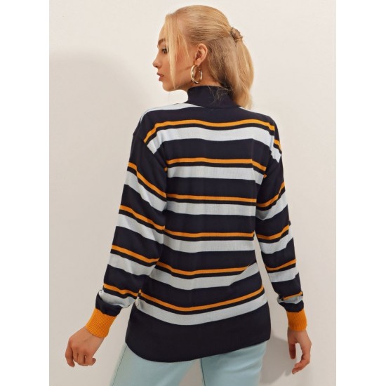 Women's Blue Half Turtleneck Line Detail Knit Blouse 2052, 4623 Women's Blue Half Turtleneck Line Detail Knit Blouse 2052, 4623