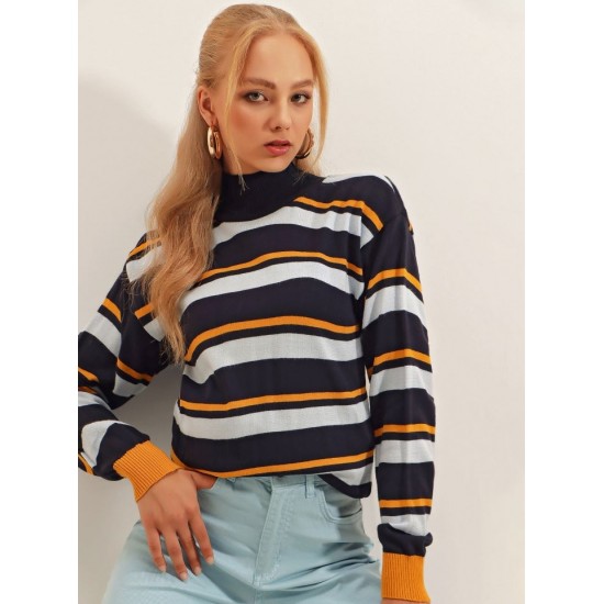 Women's Blue Half Turtleneck Line Detail Knit Blouse 2052, 4623 Women's Blue Half Turtleneck Line Detail Knit Blouse 2052, 4623