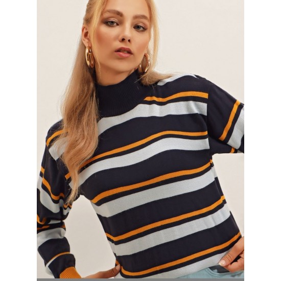 Women's Blue Half Turtleneck Line Detail Knit Blouse 2052, 4623 Women's Blue Half Turtleneck Line Detail Knit Blouse 2052, 4623