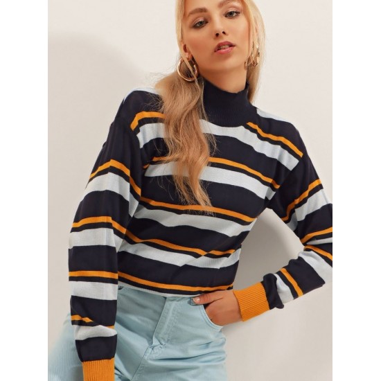 Women's Blue Half Turtleneck Line Detail Knit Blouse 2052, 4623 Women's Blue Half Turtleneck Line Detail Knit Blouse 2052, 4623