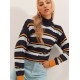 Women's Blue Half Turtleneck Line Detail Knit Blouse 2052, 4623 Women's Blue Half Turtleneck Line Detail Knit Blouse 2052, 4623