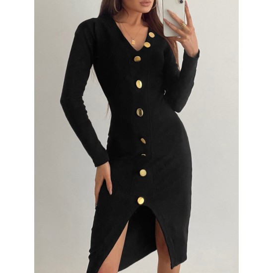 Women's Black Long Sleeve V-neck Button-up Front Slit Camisole Dress, 6135 Women's Black Long Sleeve V-neck Button-up Front Slit Camisole Dress, 6135