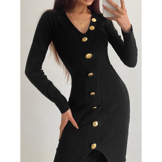 Women's Black Long Sleeve V-neck Button-up Front Slit Camisole Dress, 6135 Women's Black Long Sleeve V-neck Button-up Front Slit Camisole Dress, 6135