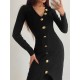Women's Black Long Sleeve V-neck Button-up Front Slit Camisole Dress, 6135 Women's Black Long Sleeve V-neck Button-up Front Slit Camisole Dress, 6135