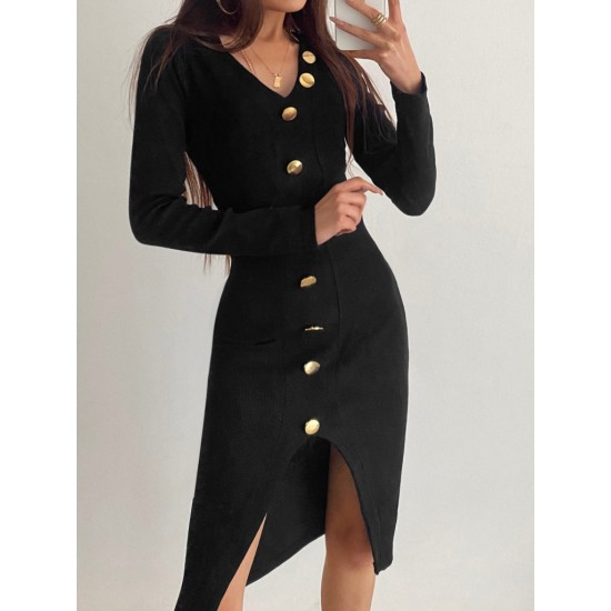 Women's Black Long Sleeve V-neck Button-up Front Slit Camisole Dress, 6135 Women's Black Long Sleeve V-neck Button-up Front Slit Camisole Dress, 6135