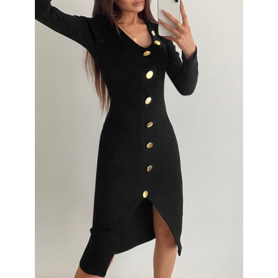 Women's Black Long Sleeve V-neck Button-up Front Slit Camisole Dress, 6135 Women's Black Long Sleeve V-neck Button-up Front Slit Camisole Dress, 6135