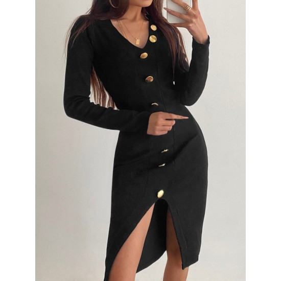 Women's Black Long Sleeve V-neck Button-up Front Slit Camisole Dress, 6135 Women's Black Long Sleeve V-neck Button-up Front Slit Camisole Dress, 6135