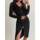 Women's Black Long Sleeve V-neck Button-up Front Slit Camisole Dress, 6135