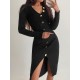 Women's Black Long Sleeve V-neck Button-up Front Slit Camisole Dress, 6135 Women's Black Long Sleeve V-neck Button-up Front Slit Camisole Dress, 6135