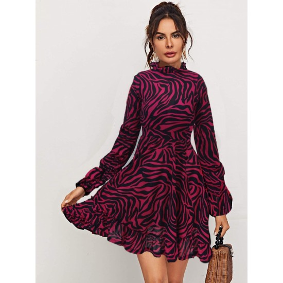 Women's Long Sleeve Zebra Print Ruffled Crepe Dress With Low-cut Back, 7464 Women's Long Sleeve Zebra Print Ruffled Crepe Dress With Low-cut Back, 7464
