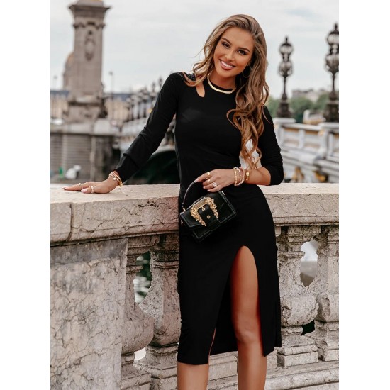 Women's Long Sleeve Crew Neck Slit Viscose Two Yarn Dress, 7276 Women's Long Sleeve Crew Neck Slit Viscose Two Yarn Dress, 7276