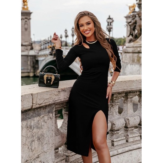 Women's Long Sleeve Crew Neck Slit Viscose Two Yarn Dress, 7276 Women's Long Sleeve Crew Neck Slit Viscose Two Yarn Dress, 7276