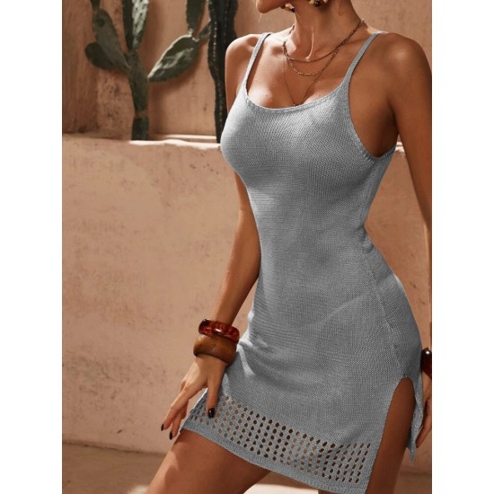 Women's Low-cut Knitted Pattern Slit Knit Dress With Perforated Hem, 8012 Women's Low-cut Knitted Pattern Slit Knit Dress With Perforated Hem, 8012