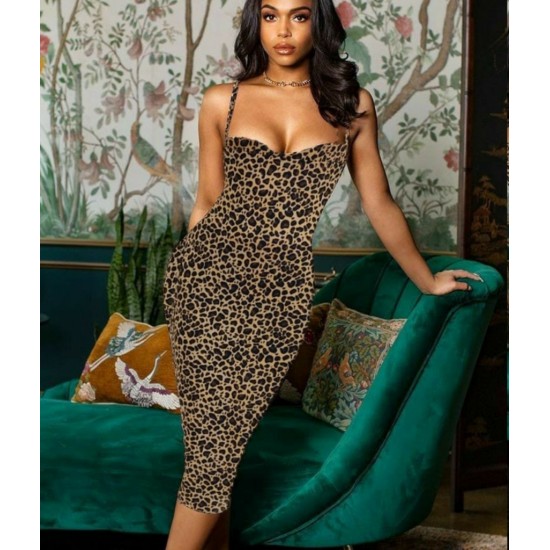 Women's Heart Collar Leopard Pattern Strap Crepe Dress, 8017