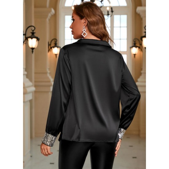 Women's Long Sleeve Lapel Collar Sequined Cuff Detail Satin Blouse, 8029 Women's Long Sleeve Lapel Collar Sequined Cuff Detail Satin Blouse, 8029
