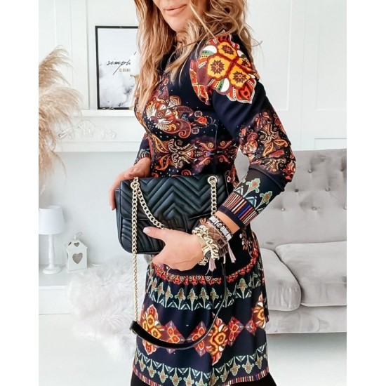Women's Long Sleeve Crew Neck Flounce Printed Diving Dress, 7885 Women's Long Sleeve Crew Neck Flounce Printed Diving Dress, 7885