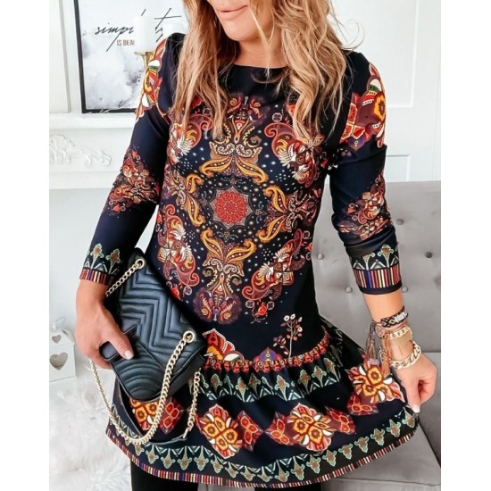 Women's Long Sleeve Crew Neck Flounce Printed Diving Dress, 7885 Women's Long Sleeve Crew Neck Flounce Printed Diving Dress, 7885