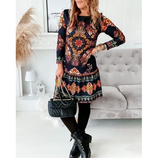 Women's Long Sleeve Crew Neck Flounce Printed Diving Dress, 7885 Women's Long Sleeve Crew Neck Flounce Printed Diving Dress, 7885